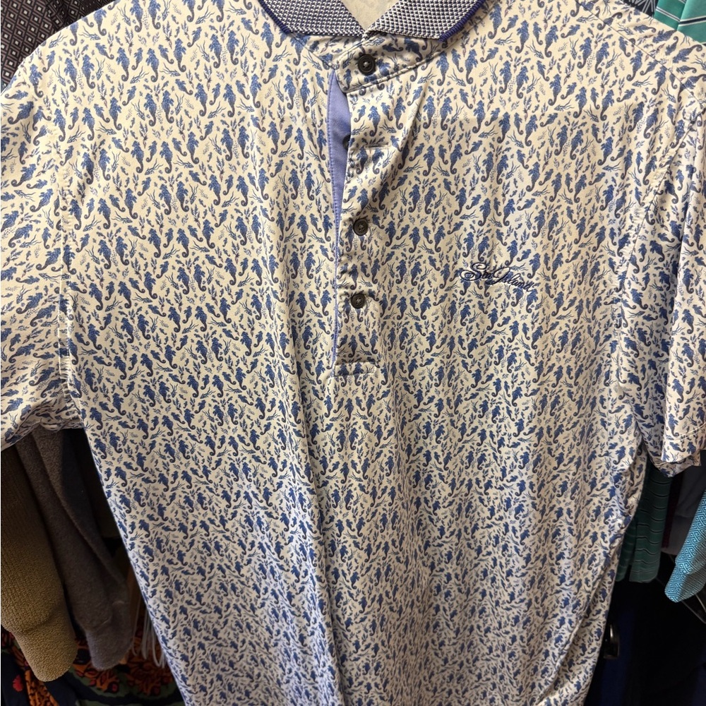 Greyson Men's Blue Patterned Shirt - Sea Island Polo - L